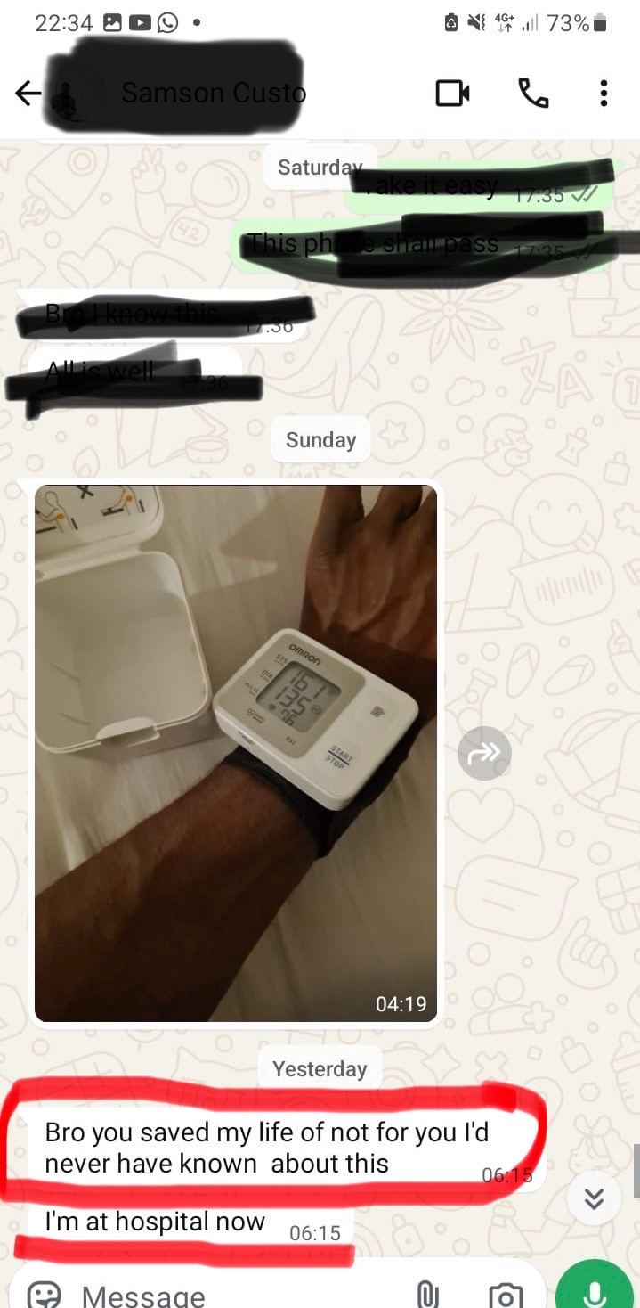 WhatsApp message from a community member after being told to seek urgent care